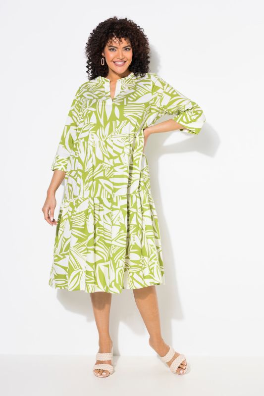 Robe midi motif feuilles, volants, col tunisien et manches 3/4