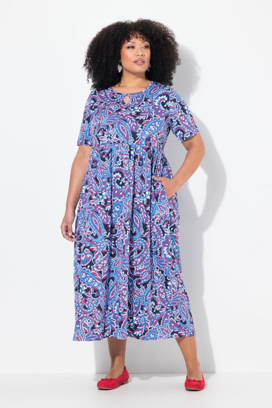 Robe maxi coupe évasée, poches, décolleté rond et manches courtes