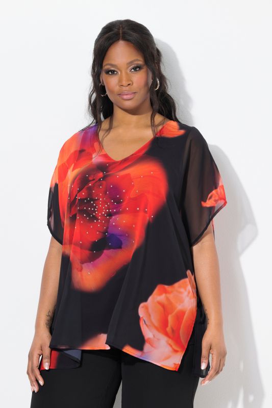 Blouse oversize doublée, décolleté en V et manches courtes