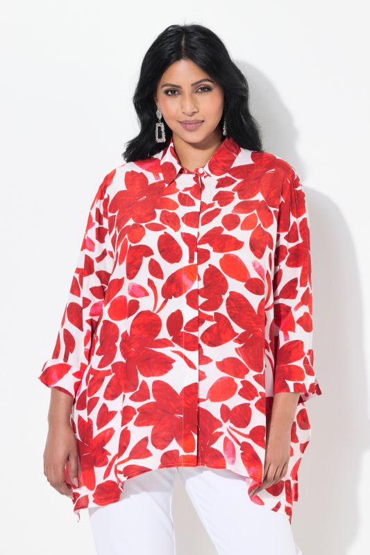 Blosue à fleurs, finition en pointe, col chemise et manches 3/4