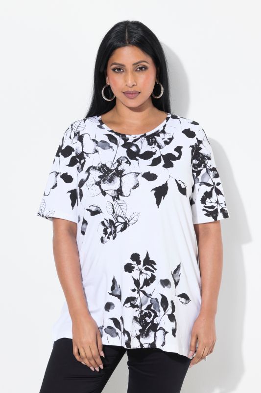 T-shirt en coton Pima, motif à fleurs, col rond et manches courtes, coupe évasée