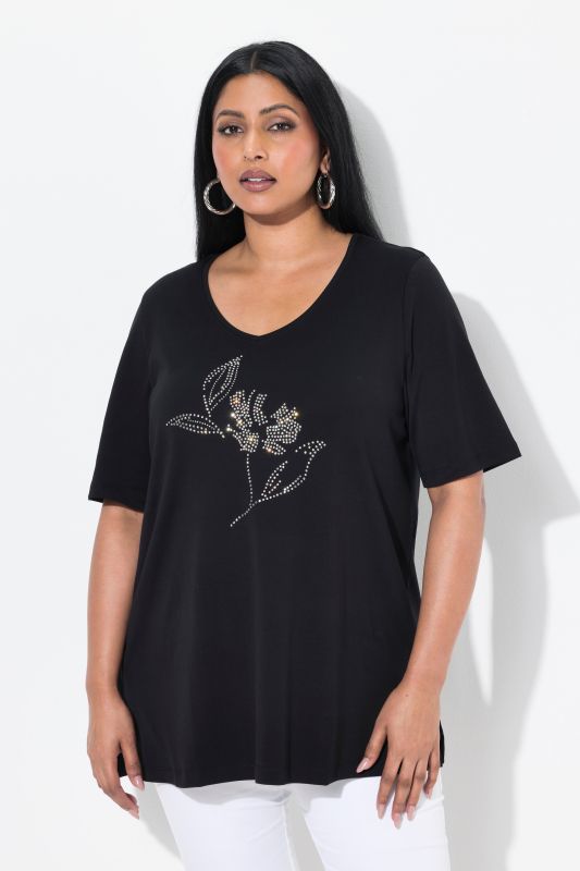 T-shirt en coton Pima, petits strass fantaisie, décolleté en V et manches courtes