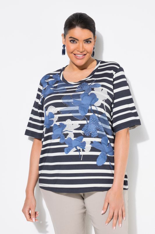 T-shirt à rayures, fleurs avec strass fantaisie, décolleté rond et manches courtes
