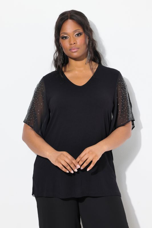 Blouses avec pierres fantaisies, décolleté en V et manches 3/4 en mousseline, coupe évasée