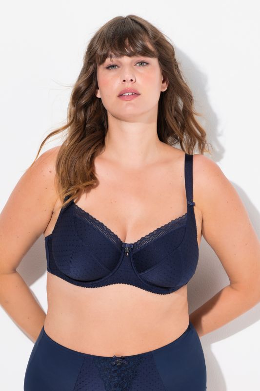 Soutien-gorge à armatures, Motif Jacquard, dentelle et pompon. Bonnet C-F.