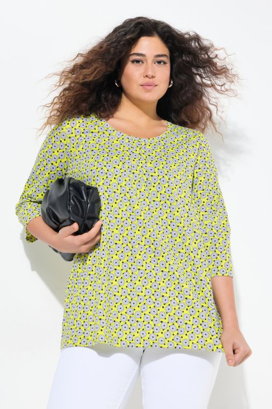 T-shirt à motif floral, ligne A, col rond et manches 3/4. Plis fantaisie