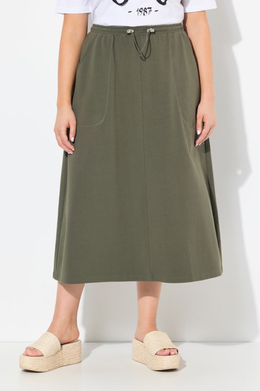 Jupe midi en sweat, taille froncée, coupe évasée, poches