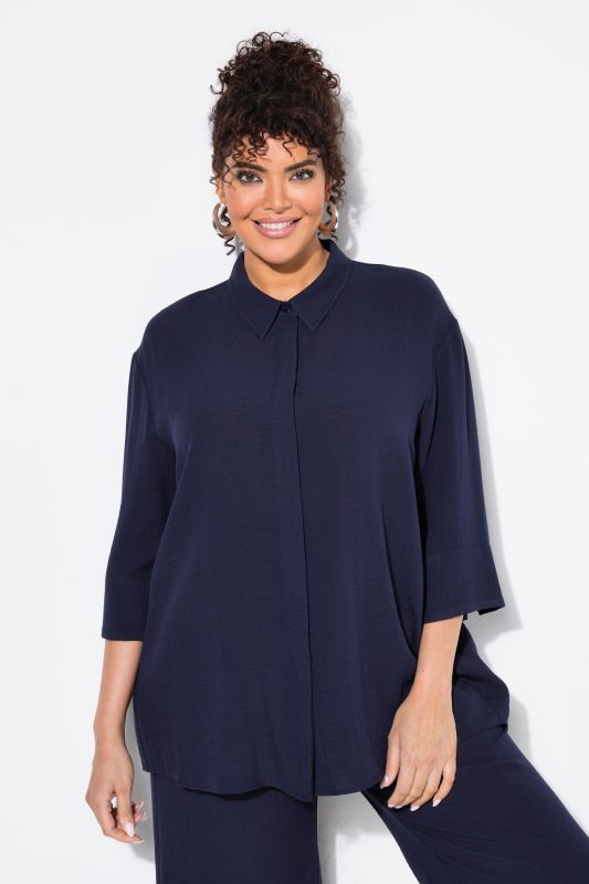 Chemisier en viscose mélangée, col de chemise et manches 3/4