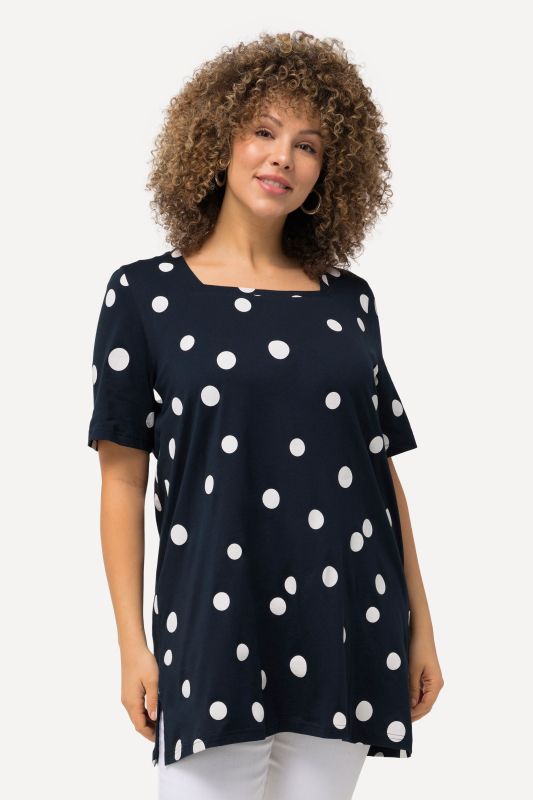 T-shirt long à pois, ligne A, décolleté carré et manches courtes