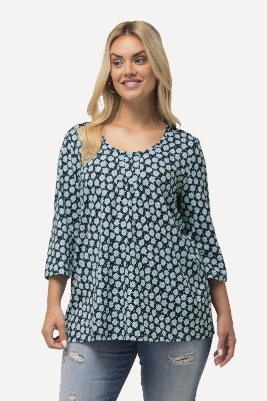 T-shirt à motif floral, ligne A, col rond et manches 3/4. Plis fantaisie