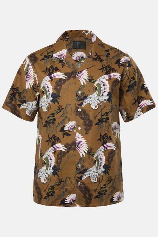 Chemise JP 1880 en lin mélangé, imprimé all-over, manches courtes et col cubain - jusqu'au 8 XL