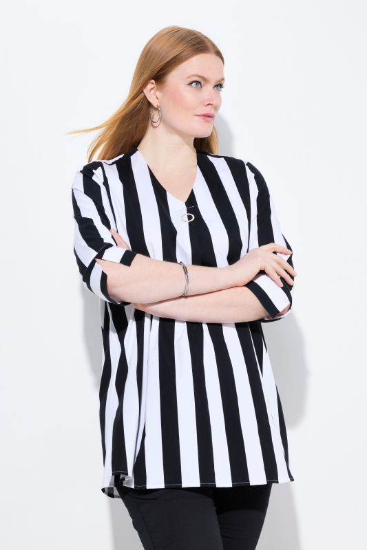 Blouse à rayures verticales, décolleté en V et manches 3/4, coupe évasée