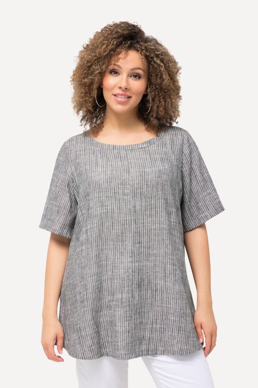 Blouse à rayures en lin mélangé, encolure ronde et manches courtes
