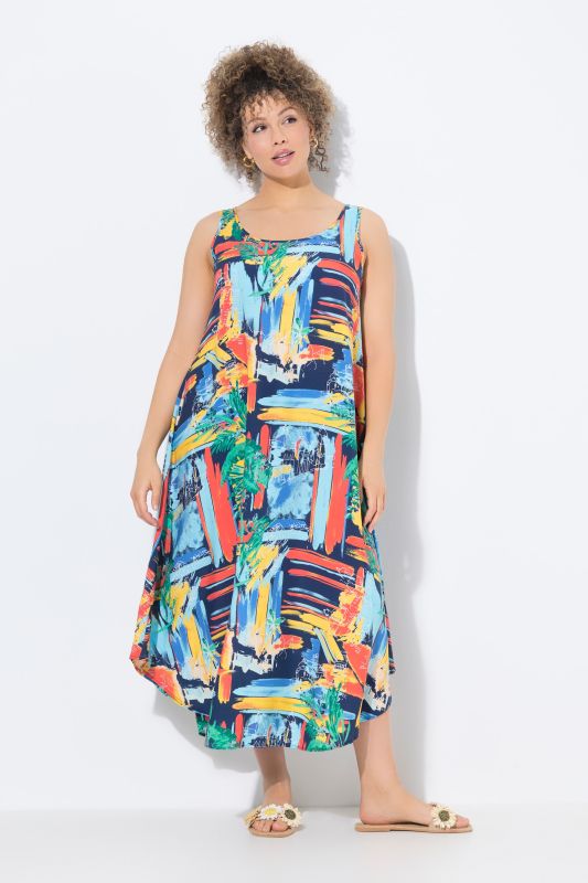 Robe imprimée sans manches, décolleté rond, coupe évasée