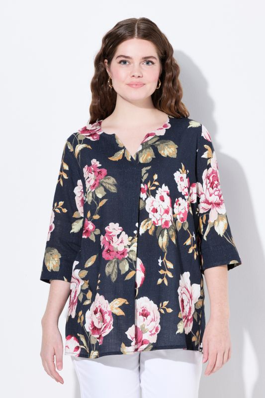 Blouse en lin mélangé, col tunisien et manches 3/4, coupe évasée
