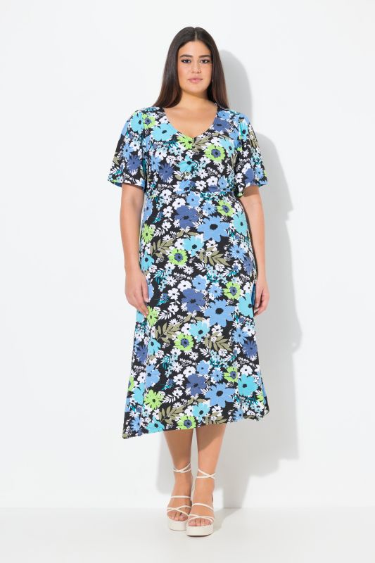 Robe midi en jersey, décolleté en V et manches courtes, coupe évasée