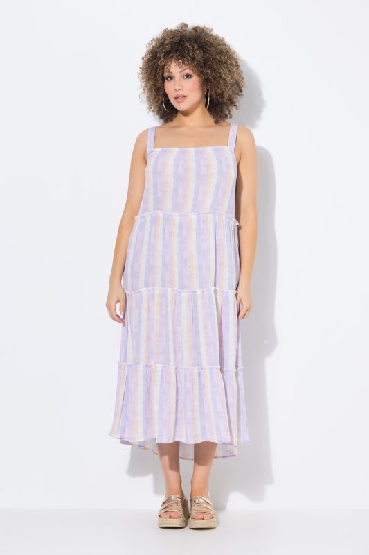 Robe midi à bretelles, sans manches, motif rayures, coupe évasée