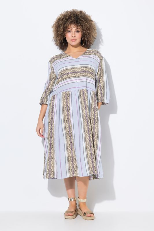 Robe caftan à rayures, décolleté en V et manches 3/4, coupe évasée