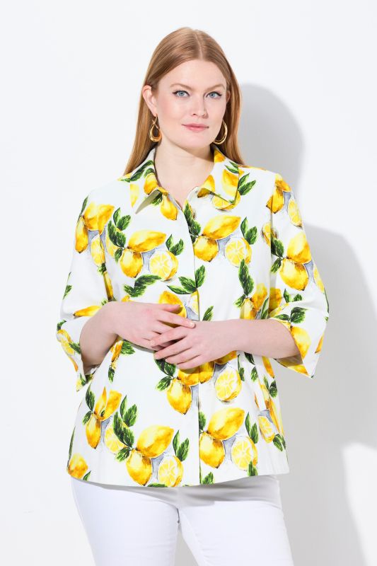 Veste col chemise et manches 3/4, motif citrons, coupe évasée