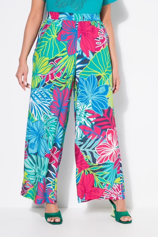 Pantalon à taille élastique, jambe large, imprimé feuilles et fleurs