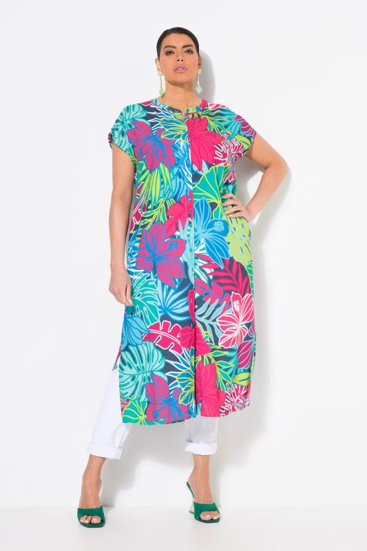 Robe midi oversize, sans manches, motif fleurs et feuilles, décolleté rond