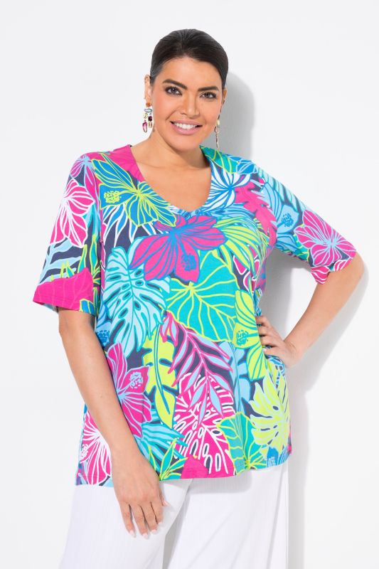 T-shirt imprimé fleurs et feuilles, décolleté en V et manches courtes, coupe évasée