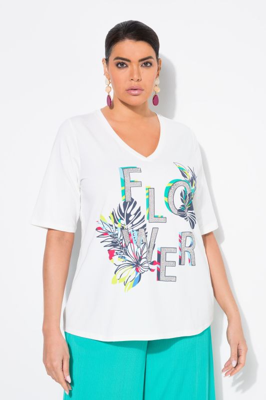 T-shirt oversize, message Flower, décolleté en V et manches courtes, coupe Classic Fit