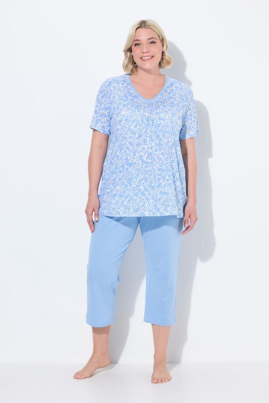 Pyjama 2 pièces, T-shirt à fleurs, manches courtes et décolleté en V, pantalon avec poches