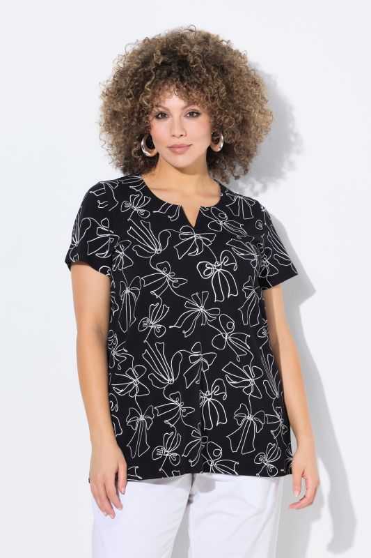 T-shirt à manches courtes et col tunisien, imprimé nœuds, coupe évasée