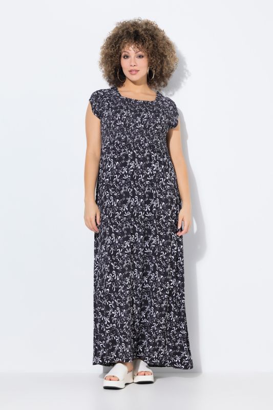 Robe smockée avec motif nœuds, décolleté carré et manches courtes, coupe évasée