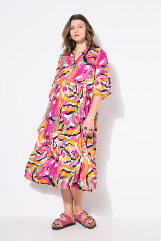 Robe maxi à volants, manches 3/4, imprimé abstrait