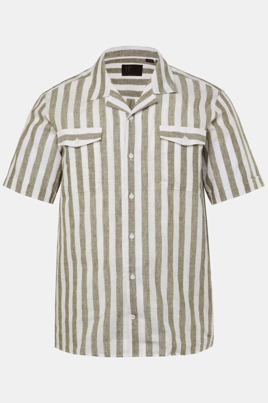 Chemise à rayures JP 1880 en lin mélangé, manches courtes et col cubain, coupe Modern Fit - jusqu'au 8 XL
