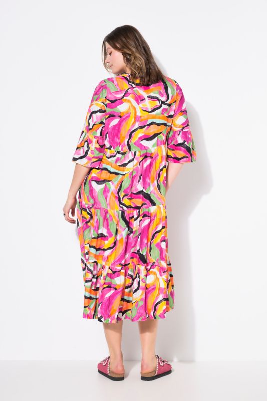 Robe maxi à volants, manches 3/4, imprimé abstrait