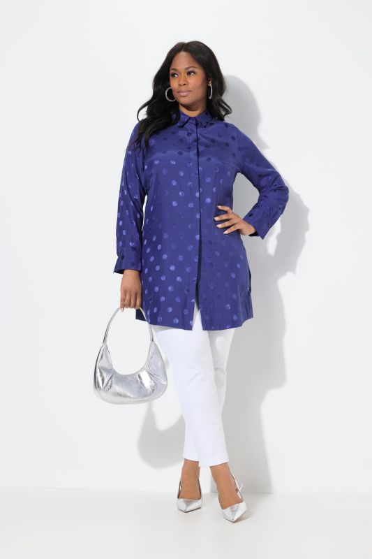 Blouse longue à pois jacquard avec col de chemise et manches longues