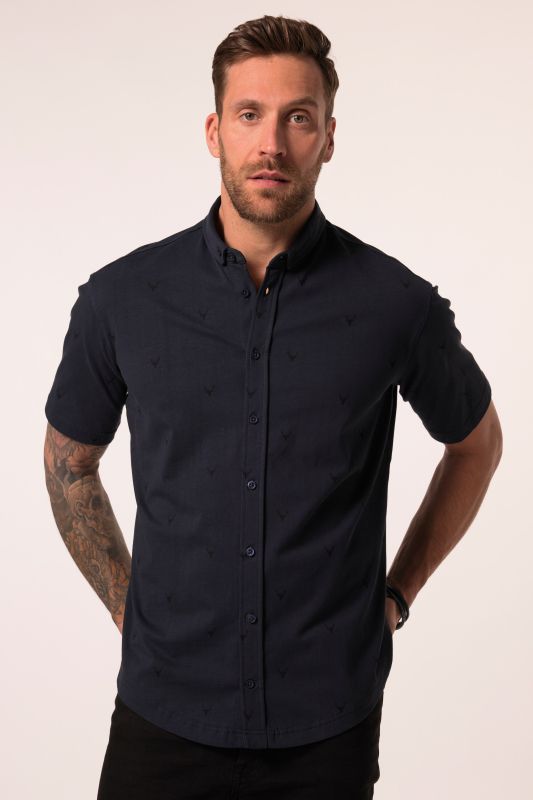 Chemise JP 1880 s'inspirant des tenues traditionnelles bavaroises, imprimé cerf, manches courtes et col à pointes boutonnées (petits boutons), coupe Modern Fit - jusqu'au 8 XL