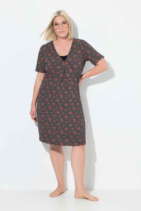 Chemise de nuit, rayures/fleurs, col V, manches courtes