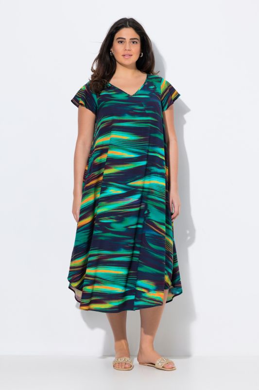Robe midi, coupe évasée, col V, manches courtes