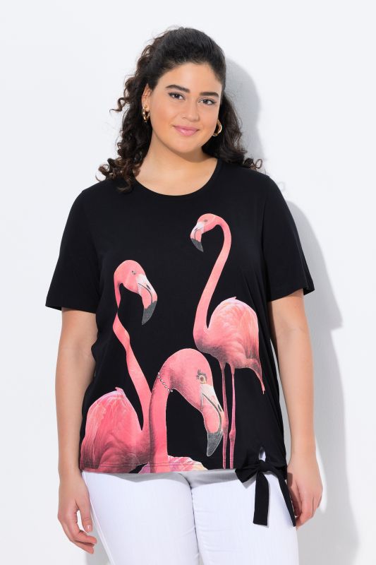 T-shirt, motif flamants roses, pierres fantaisie, col rond, manches courtes