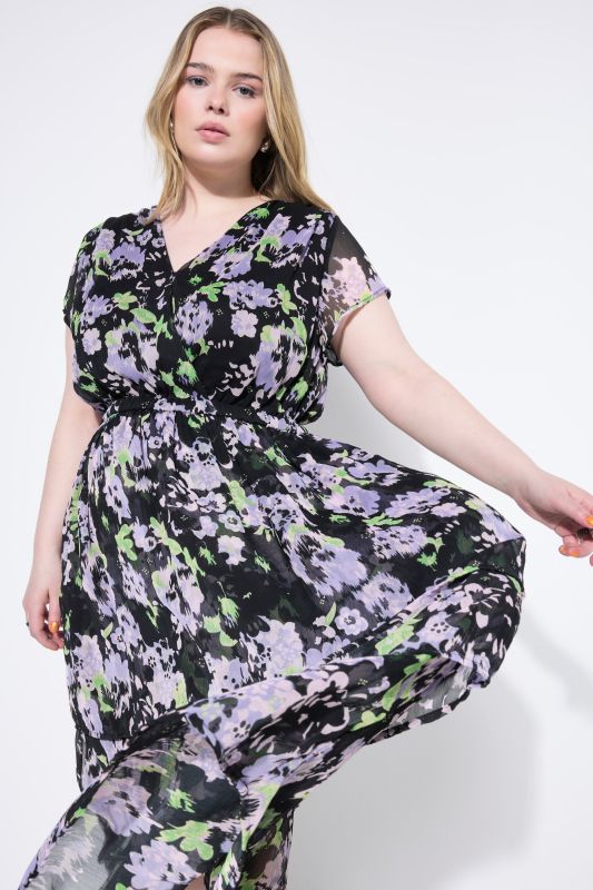 Robe midi en mousseline, fond de robe et volants, coupe évasée