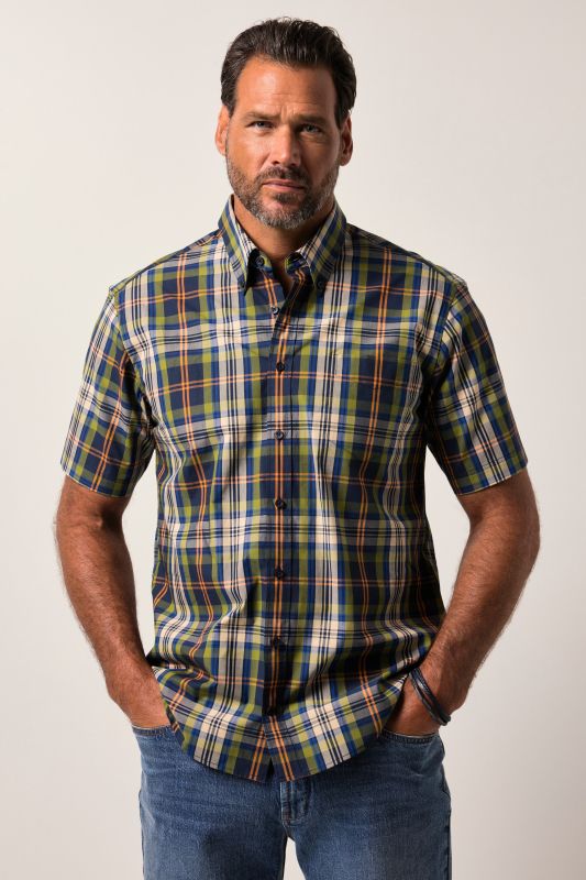 Chemise à carreaux JP 1880, manches courtes et col à pointes boutonnées, coupe Modern Fit - jusqu'au 8 XL