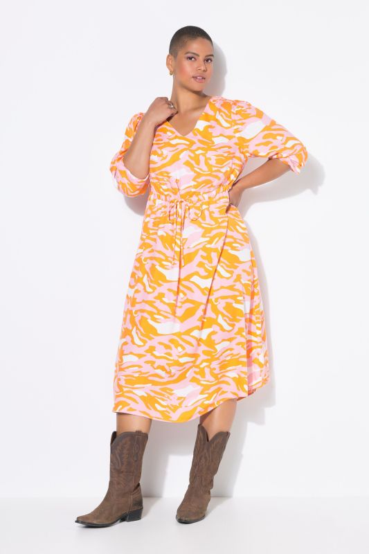 Robe midi manches 3/4, imprimé zébré coloré, coupe évasée