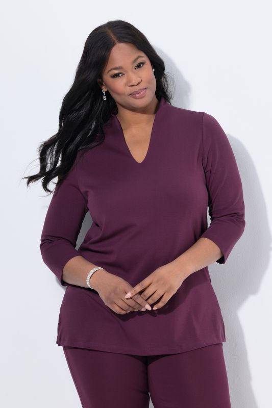 T-shirt à manches 3/4 et col calice en coton Pima, ligne en A