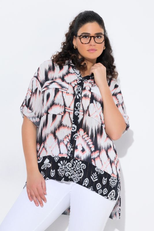 Tunique longue, col chemise, manches 3/4, plus longue dans le dos