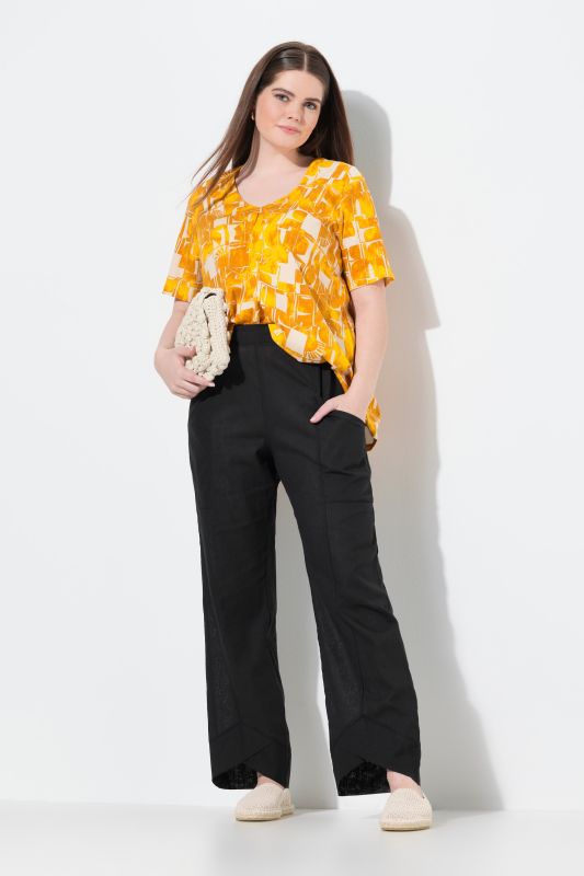 Pantalon, mélange de lin, ourlet fantaisie, jambe large, coton bio
