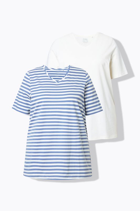 Lot de 2 T-shirts, rayures/uni, décolleté en V et manches courtes