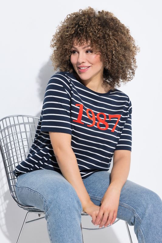 T-shirt rayé, flocage 1987, encolure bateau et manches courtes