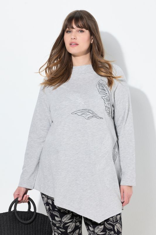 T-shirt long à col montant et manches longues, coton bio, broderie