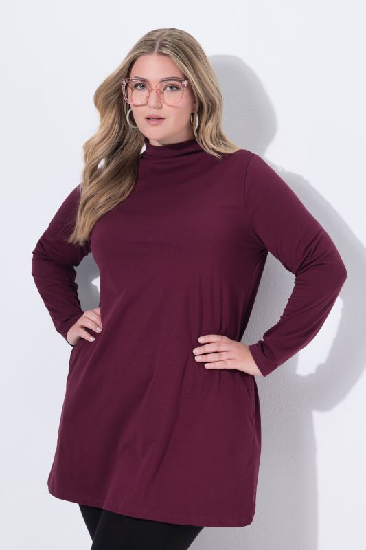 T-shirt long avec poches, manches longues et col montant, coupe évasée