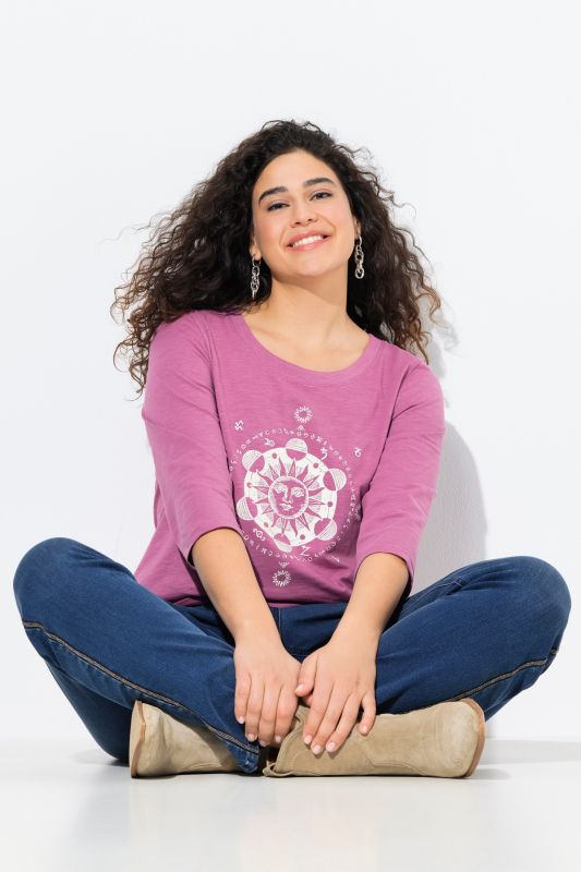 T-shirt à col rond et manches 3/4, coupe Classic, strass