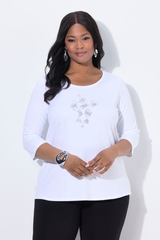 T-shirt évasé en coton Pima, à col rond et manches 3/4, pierres fantaisie